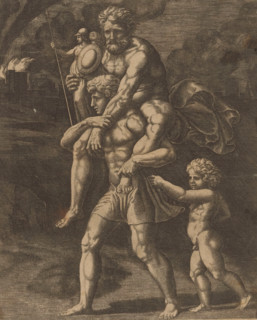Aeneas and his family flee from Troy, print, Aeneas walks with his father Anchises on his back. In