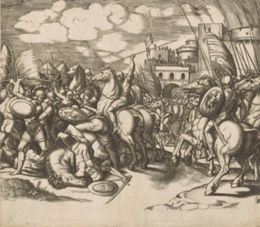 Victory of Scipio over King Syphax, print, A battle with soldiers on foot and on horseback. On the