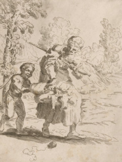Old woman with a boy on a walk, print, Old woman, with a spinning wheel and two filled baskets,