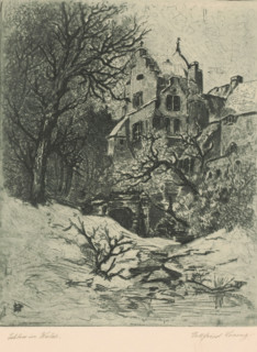 Schloss im Walde (original title), print, View of a castle in a snowy forest., printmaker: