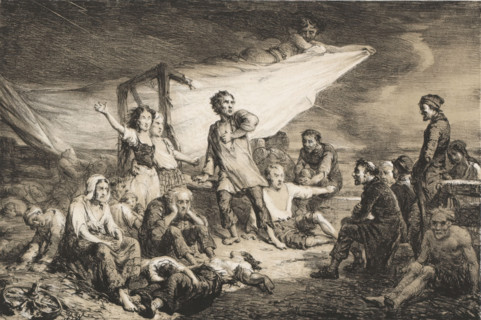 The shroud, Devil over a group of dying people, print, A devil covers a group of people with a