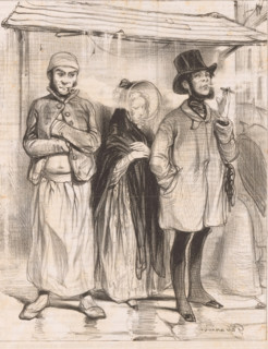 Woman standing between two smoking men, Entre deux feux, Martyrs, Les Martyrs, cartoon, print,