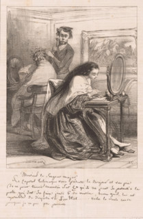 Young woman writing a letter in the hairdressing salon, Monsieur le Sergent major, Letters, La