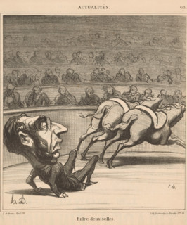 Caricature of the politician Émile Ollivier as a fallen horseman, Entre deux selles, Current