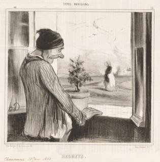 Regrets, Old man sees woman through open window, Parisian types, Types Parisiens, cartoon, Series