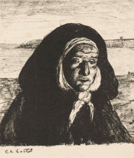 Breton old woman with hood, print, number: 'R.13', printmaker: Charles Cottet, c. 1895 - c. 1914,