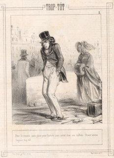 For the jobless clerk, Caricature of a man without a coat who is cold on the street, Too early,