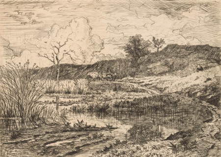 Ox cart by the bank of a pool, print, printmaker: Hector Allemand, France, 1854, paper, etching,