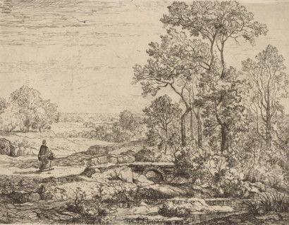 Looded landscape with woman near a bridge, print, printmaker: Hector Allemand, France, 1866, paper,