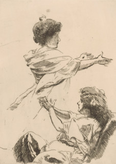 Study of two female figures with outstretched arms, print, Study for the painting L'ile heureuse.,
