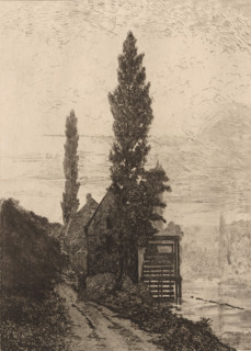 House along a river and a sandy path, print, printmaker: Léon Boudot (possibly), 1851 - 1930,