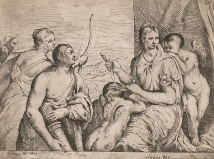 Venus blindfolding Cupid, print, printmaker: Louis de Boullogne (I), Rome, after design by Titian,