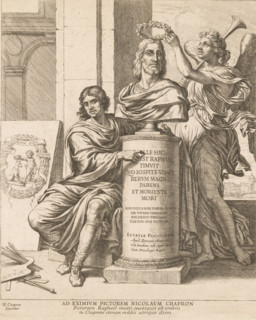 Title print with Nicolas Chaperon, seated next to a bust of Raphael laureated by fame, Sacrae