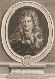 Portrait of Gerard Edelinck, print, printmaker: René Devaux, after painting by Jean Tortebat, c.