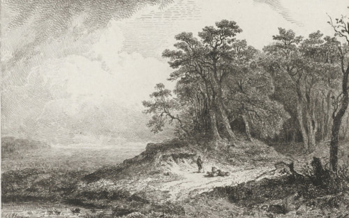 Landscape with shepherd, print, Wooded landscape with a shepherd with staff and sheep. A small lake