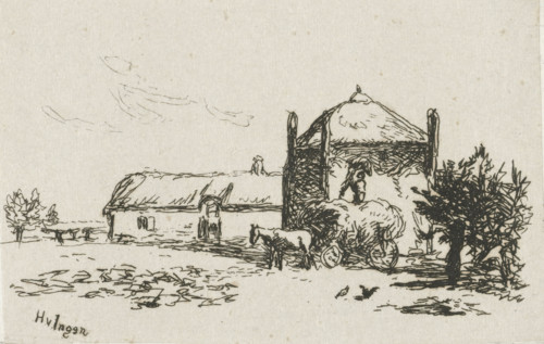 Farm with haystack, print, A farm with a haystack. In front of the haystack stand a horse and wagon