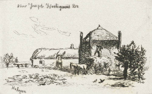 Farm with haystack, print, A farm with a haystack. In front of the haystack stand a horse and wagon