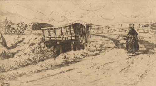 Country road with bridge, print, A wooden bridge in a landscape with haystacks. On the left, a hay