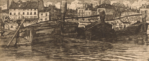 Barges in the Seine in Paris, print, Houses in the background. In front of the houses several