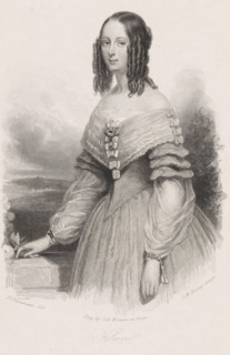 Portrait of Klara, print, half-length to the left, with curls. In the background a landscape and