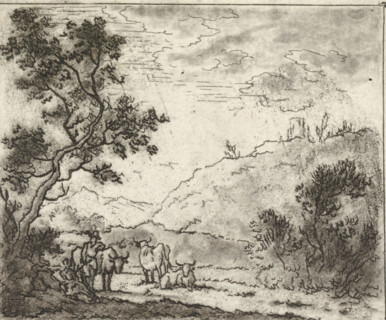 Landscape with shepherd and cows, print, Hilly landscape with a shepherd, leaning on a cow, in