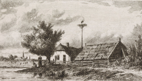 Stork's nest between houses on the waterside, print, A stork's nest between a barn and a house on