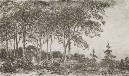 Woman by a row of trees, print, A wooded landscape with a woman with a basket on her back in the