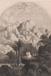 Mountain landscape with resting figures on a rock, print, printmaker: Guillaume Van der Hecht, 1827
