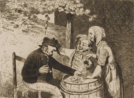 Woman pouring a glass for two men playing cards, print, printmaker: Willem Linnig (I), 1842, paper,