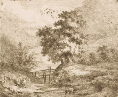 Landscape with wooden bridge over the water, print, printmaker: attributed to Ildephonse Stocquart,
