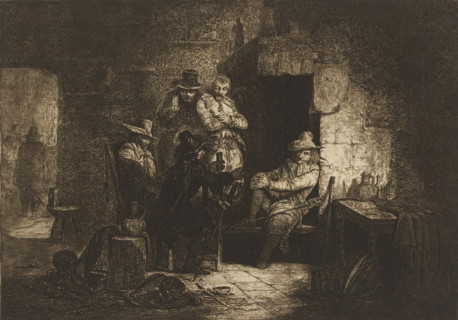 Company of five drinking soldiers by a hearth, print, printmaker: Guillaume Joseph Vertommen, 1850,