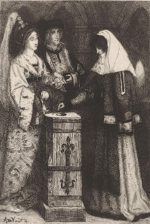 Widow gives a gift, print, printmaker: Albrecht de Vriendt, printer (person): Joseph Bouwens,
