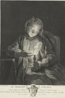Girl reading a letter by candlelight, Le negligee galant, print, Below the scene the title and a