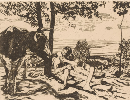 Nude couple under a tree viewed by a cow, print, printmaker: Adolf Eduard Herstein (signed by