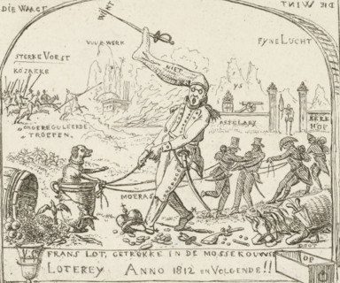 Napoleon pulls a dog in a goblet through the swamp, Caricatures of the defeats of the French in