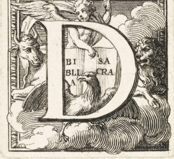 Letter D and the four evangelists, print, book illustration, The letter and the initial D with the