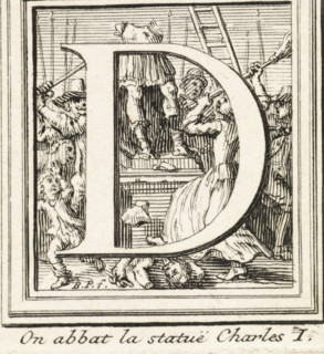 Letter D with the smashing of the statue of Charles I, King of England, in the background, print,