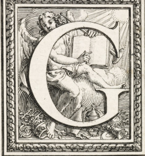 Letter G, print, The letter and the initial G with an angel in the background pointing at an open