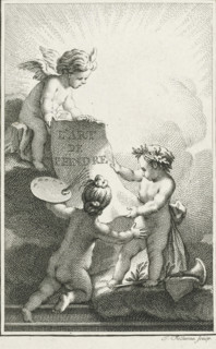 L'Art de Peindre, Putti studying a sheet of paper, print, Two putti studying a sheet of paper with