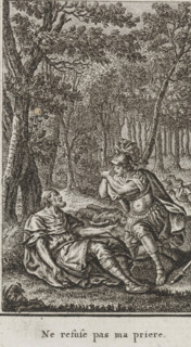 Numa and the dying Tatius, print, book illustration, The dying Tatius lies against a tree. Numa
