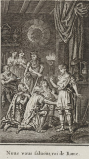 Numa refuses to become king of Rome, print, book illustration, Delegates of Rome kneel before Numa