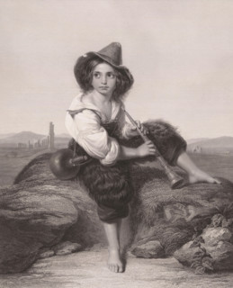 Shepherd boy with jug and wind instrument, print, printmaker: Eduard Mandel, Berlin, after painting