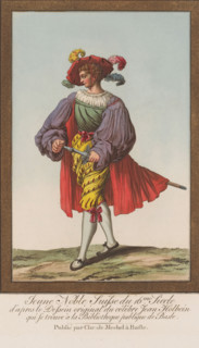 Jeune noble Suisse du 16me siecle, Walking soldier with beret with feathers and sword under his