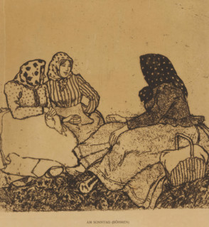 Three women in the grass, Am Sonntag (Böhmen), print, name: 'Orlik', printmaker: Emil Orlik, 1880 -