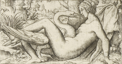 Leda and the swan, print, number: '108', printmaker, after print by, Bavaria, Nuremberg, Virgilius