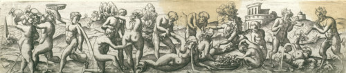 Bacchanal with satyrs and vomiting figures, Three friezes with bacchanals, print, number: '23',