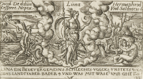 Luna, Luna with a Cancer (zodiac sign), Personifications of planets, print, Numbered lower right: