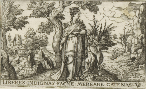 Imprisonment, Female allegories in landscapes, print, number: '72', printmaker: Virgilius Solis,