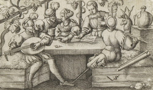 Four men and a woman drinking and making music, Scenes with drinking figures, print, number: '135',