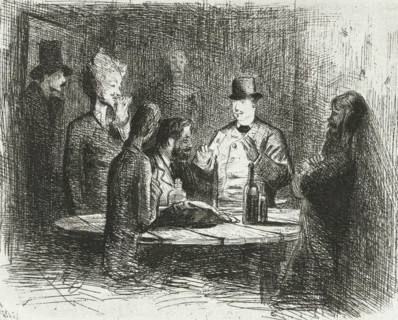 Gentlemen around a table, print, Six gentlemen around a table, on which rests a burning candle.